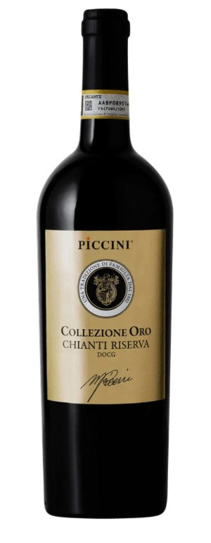 Wine bottle with Piccini Collezione Oro Chianti Riserva label on a white background