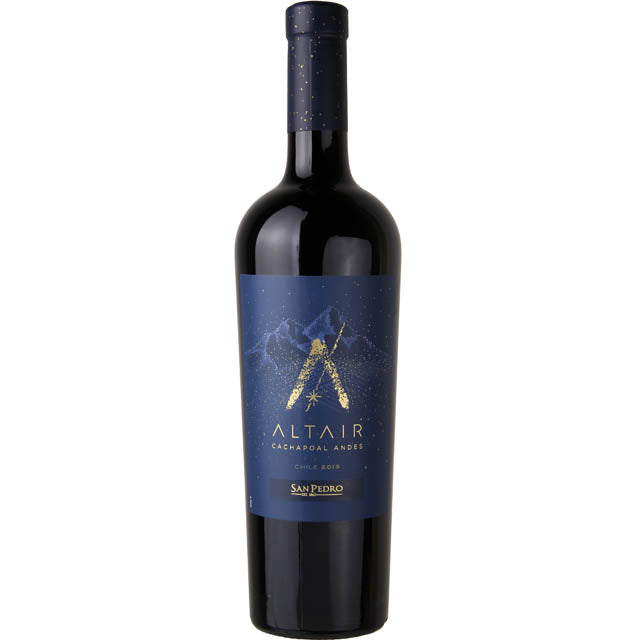 Wine bottle with a blue label featuring a mountain design on a white background