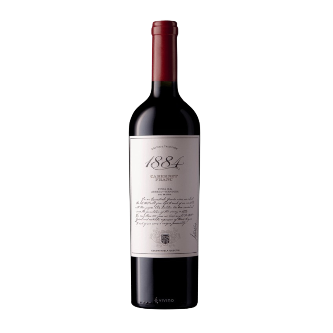 Red wine bottle with a white label on a white background