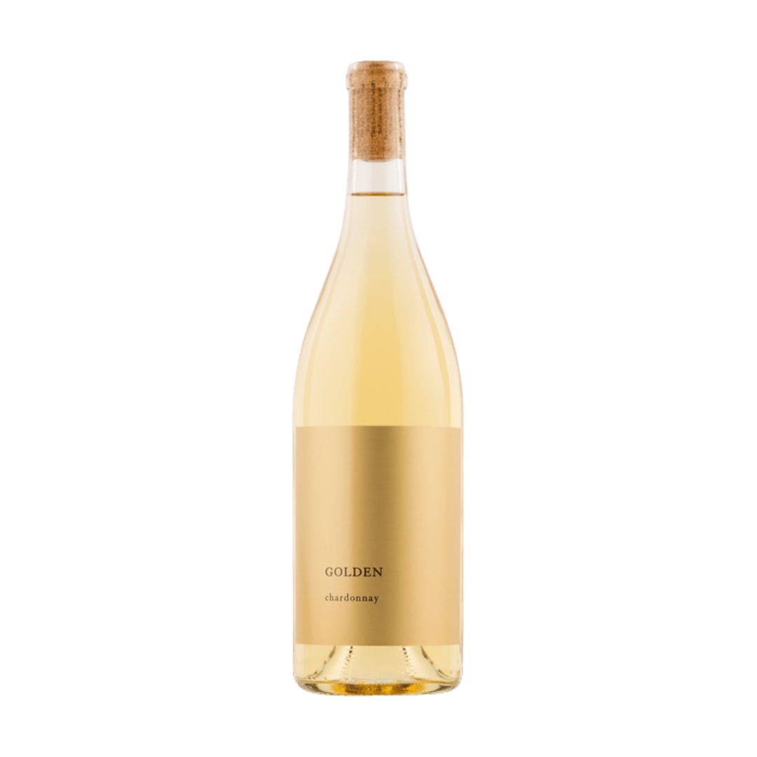 Bottle of Golden Chardonnay wine on a white background