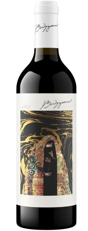 Wine bottle with decorative label on a white background