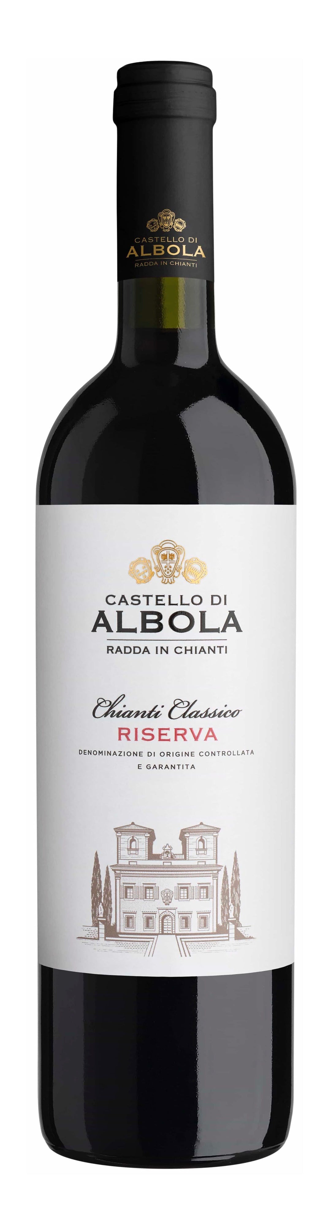 Red wine bottle with 'Castello di Albola' label on a white background