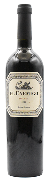 Bottle of El Enemigo Malbec wine with a white label on a white background