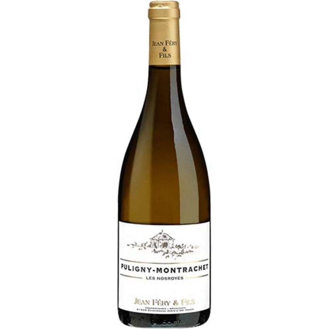 Wine bottle labeled 'Puligny-Montrachet' on a white background