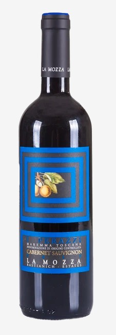 Wine bottle with blue label on a white background