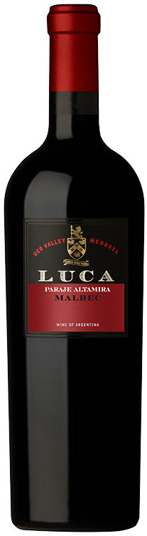 Red wine bottle with a black label featuring a logo and text.