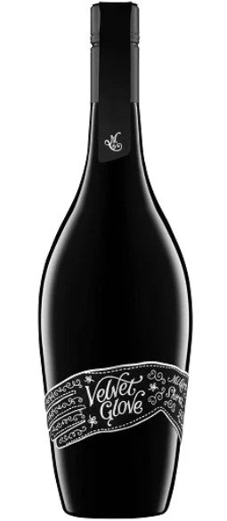 Black wine bottle labeled 'Velvet Glove' on a white background