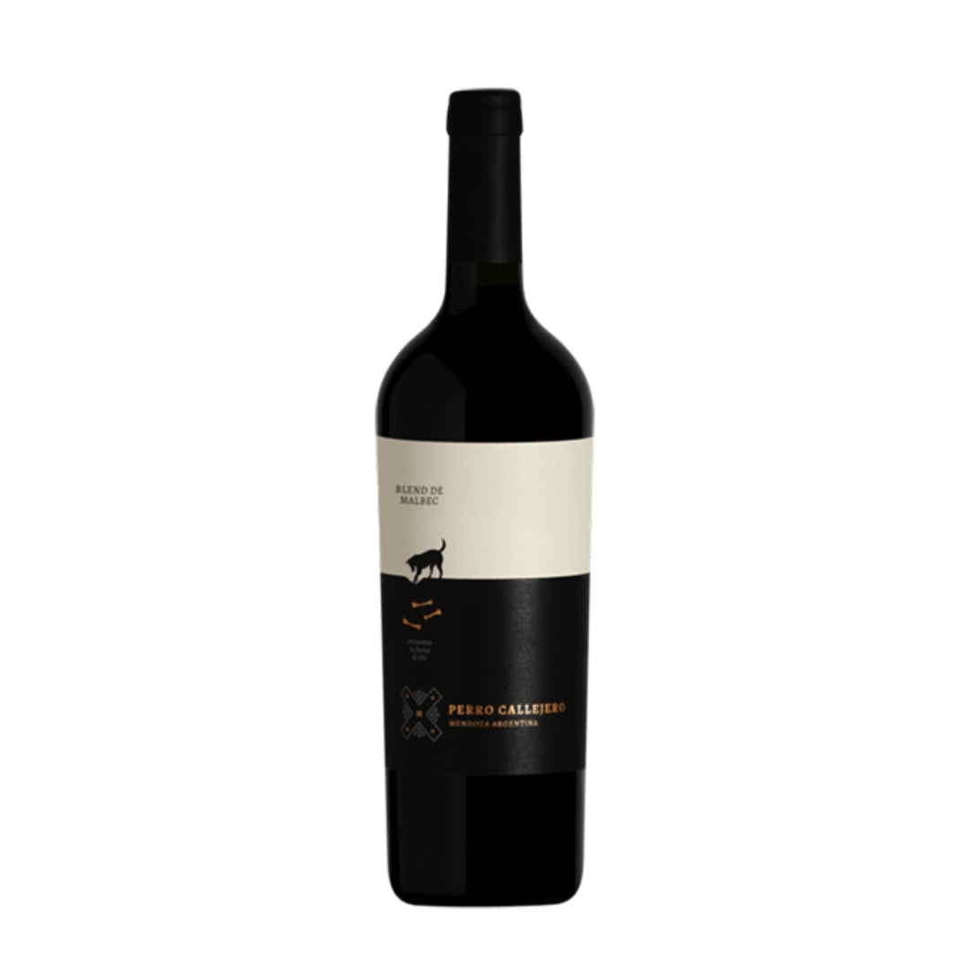 Red wine bottle with a black label on a white background