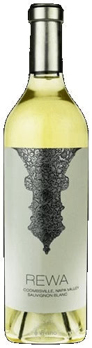 Wine bottle with a silver cap and white label featuring intricate design and 'REWA' branding.