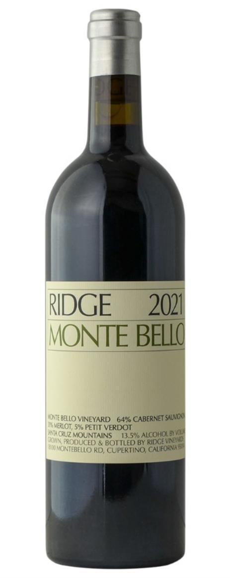 Bottle of Ridge Monte Bello wine with a visible label on a white background
