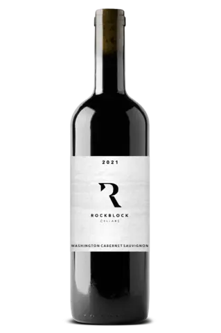 Wine bottle with 'Rockblock Cellars' label on a white background