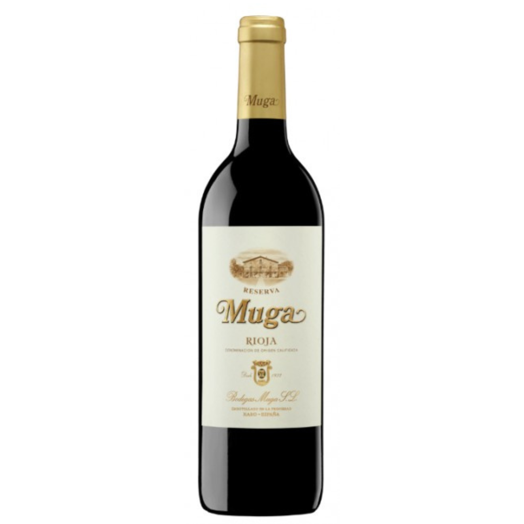 Muga Rioja wine bottle on a white background