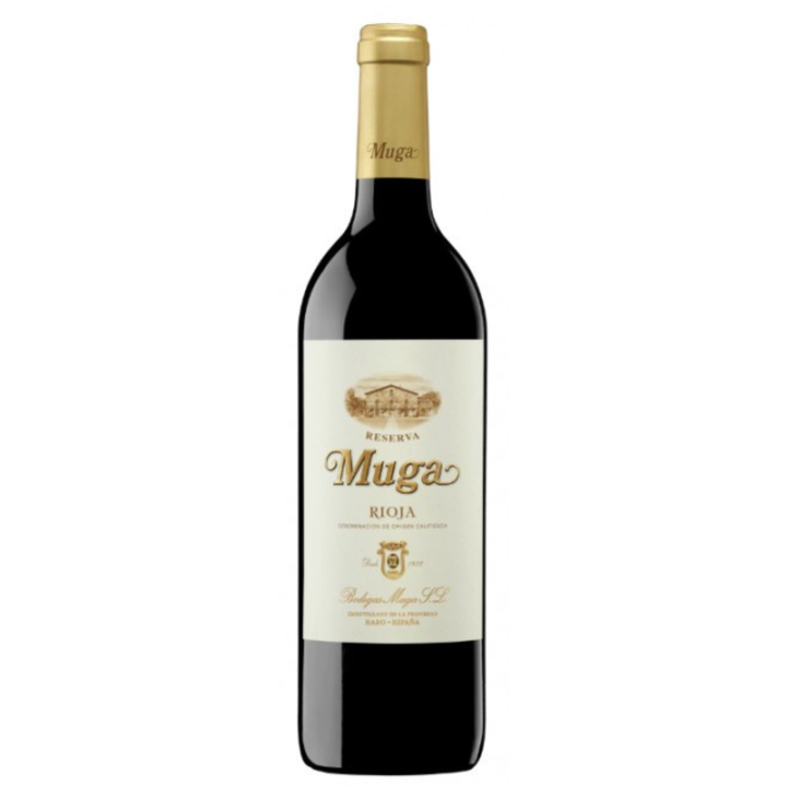 Muga Rioja wine bottle on a white background