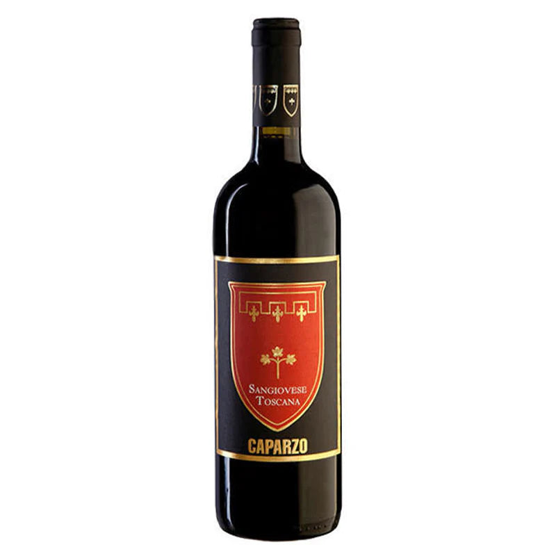 Wine bottle with a red label featuring a crest on a white background