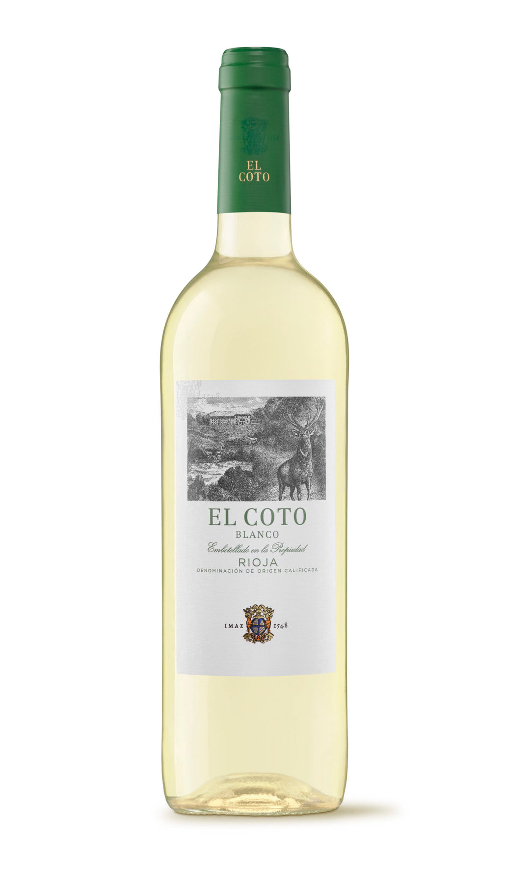 White wine bottle labeled 'El Coto' on a white background