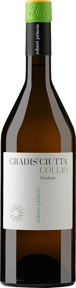 White wine bottle with a label on a white background