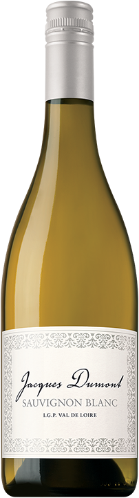 Bottle of Jacques Duveen Sauvignon Blanc wine with a silver cap and white label.
