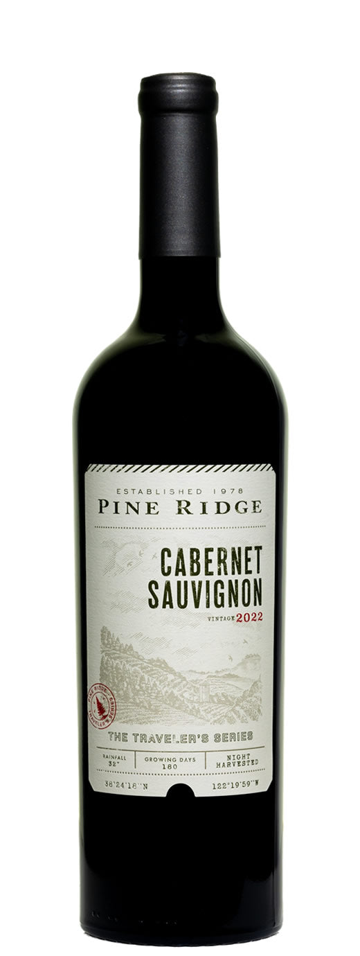 Bottle of Pine Ridge Cabernet Sauvignon wine on a white background