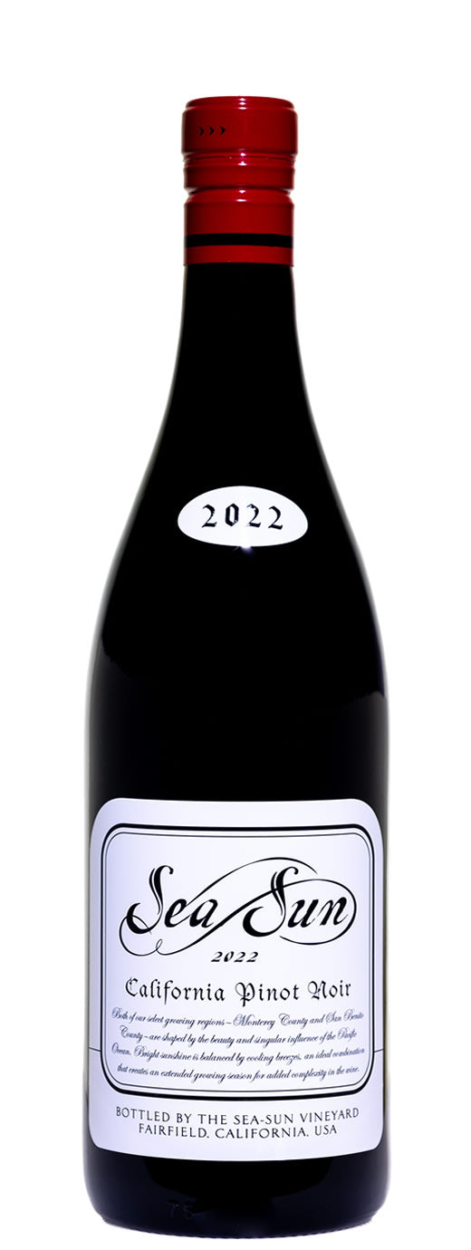 Wine bottle labeled 'Sea Sun 2022 California Pinot Noir' on a white background