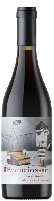 Red wine bottle labeled 'La Revolucionaria' with a gray label featuring illustrations.