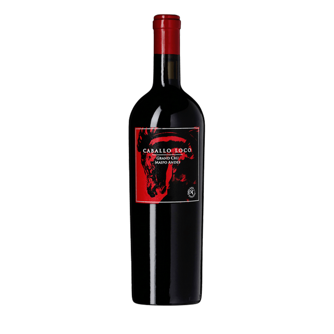 Red wine bottle with a red label on a white background