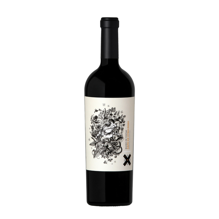 Wine bottle with decorative label on a white background