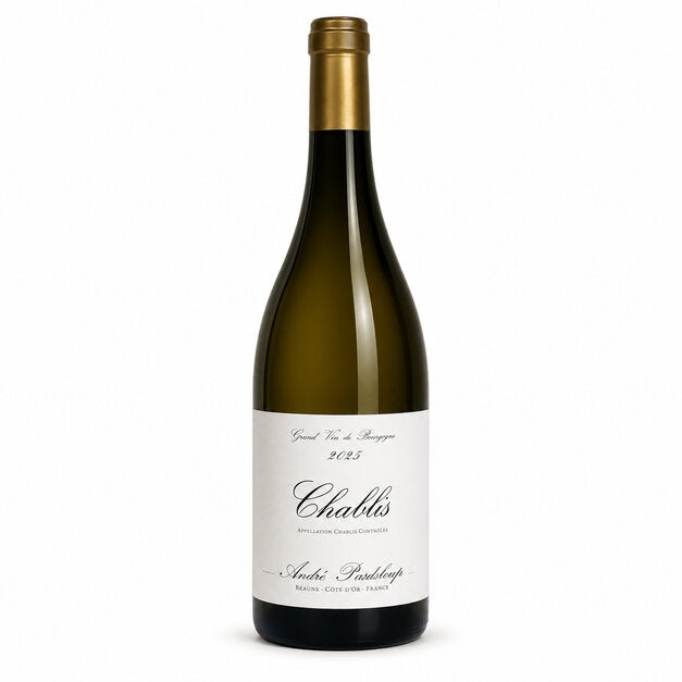 2023 Andre Pardeloup Chablis Burgundy France Chardonnay white wine bottle on white background - Happy Wine Calle Ocho Miami