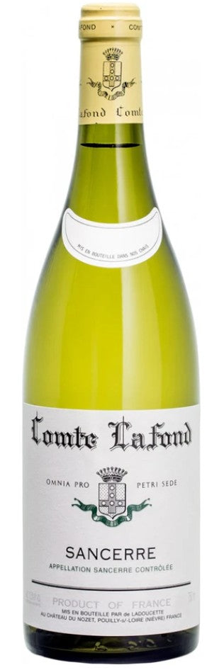 Bottle of Comte Lafond Sancerre wine with a white label