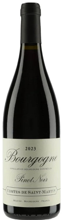 Bottle of Bourgogne Pinot Noir wine with a white label on a black background