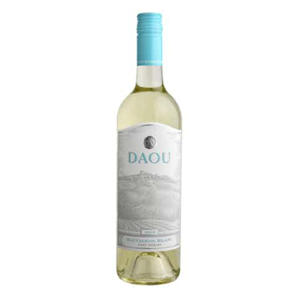Wine bottle with blue cap and DAOU label on a white background