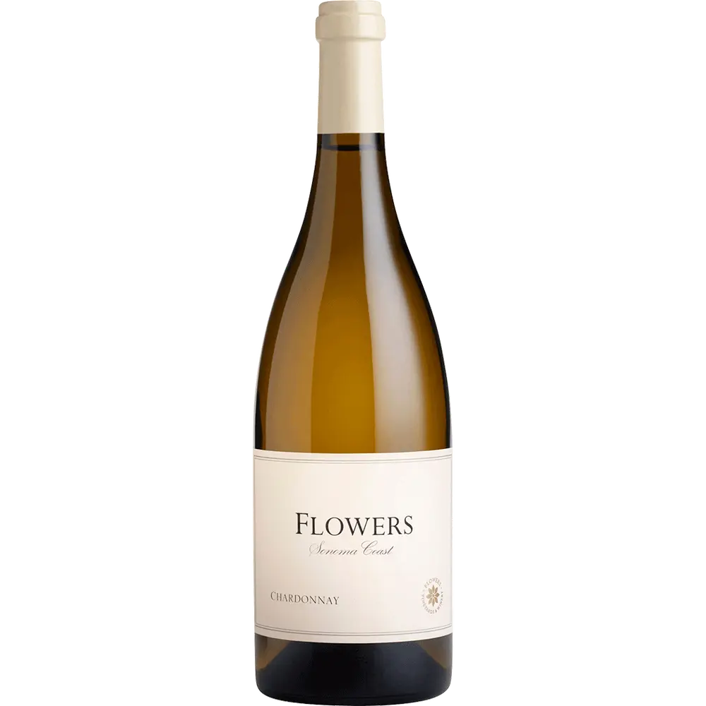 Wine bottle labeled 'Flowers' on a white background