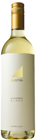 White wine bottle with gold cap and 'Justin' label on a white background