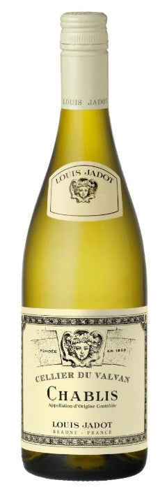 Bottle of Louis Jadot Chablis wine on a white background