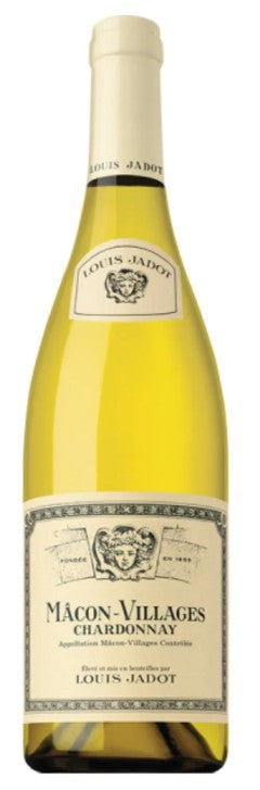 Bottle of Macon-Villages Chardonnay wine with a visible label on a white background