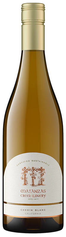 Wine bottle with a gold foil cap and white label on a dark background