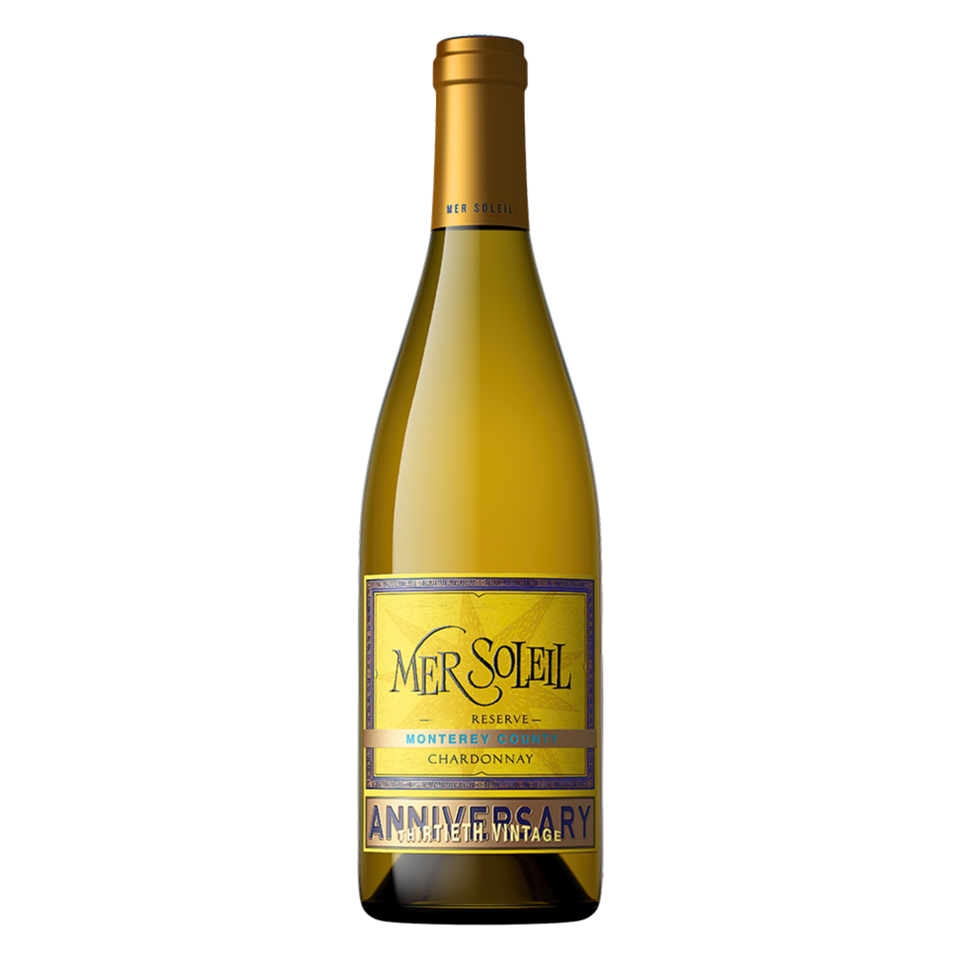 Mer Soleil Reserve Anniversary Chardonnay wine bottle on a white background