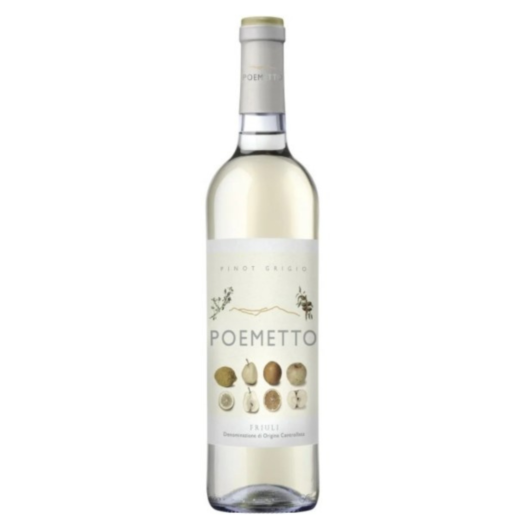 Bottle of Poemetto white wine on a white background