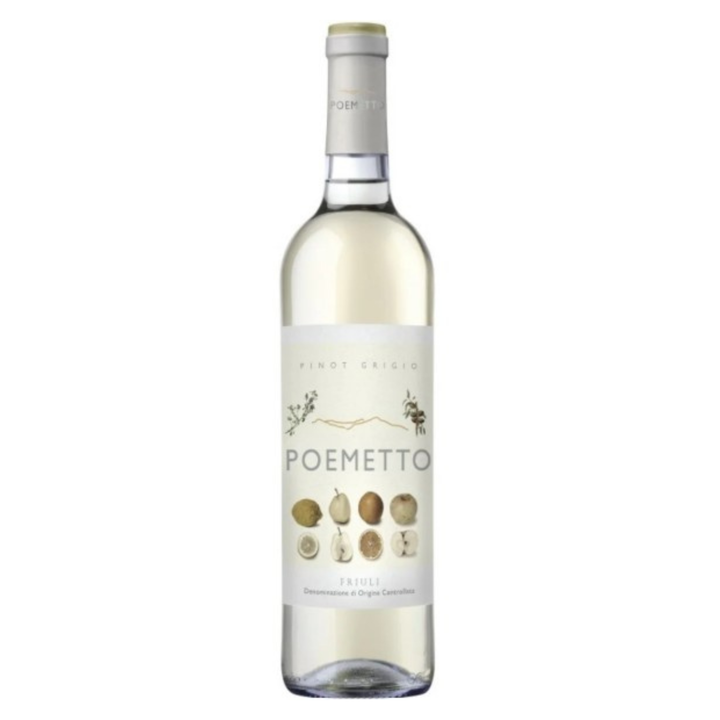 Bottle of Poemetto white wine on a white background