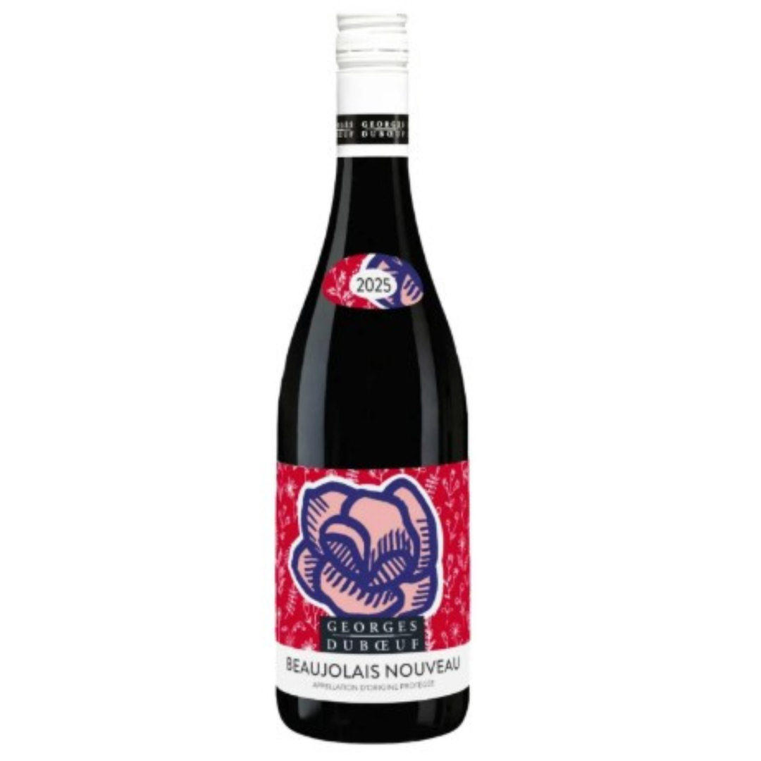 Wine bottle with a red label featuring a blue rose design on a white background