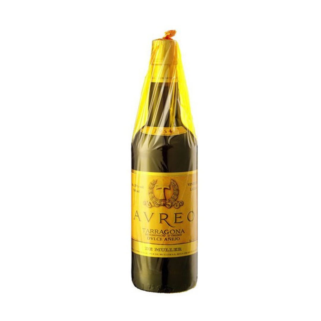 Bottle of Avreo wine with a yellow label on a white background