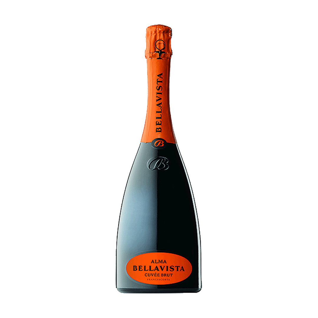 BellaVista champagne bottle with orange label on a white background