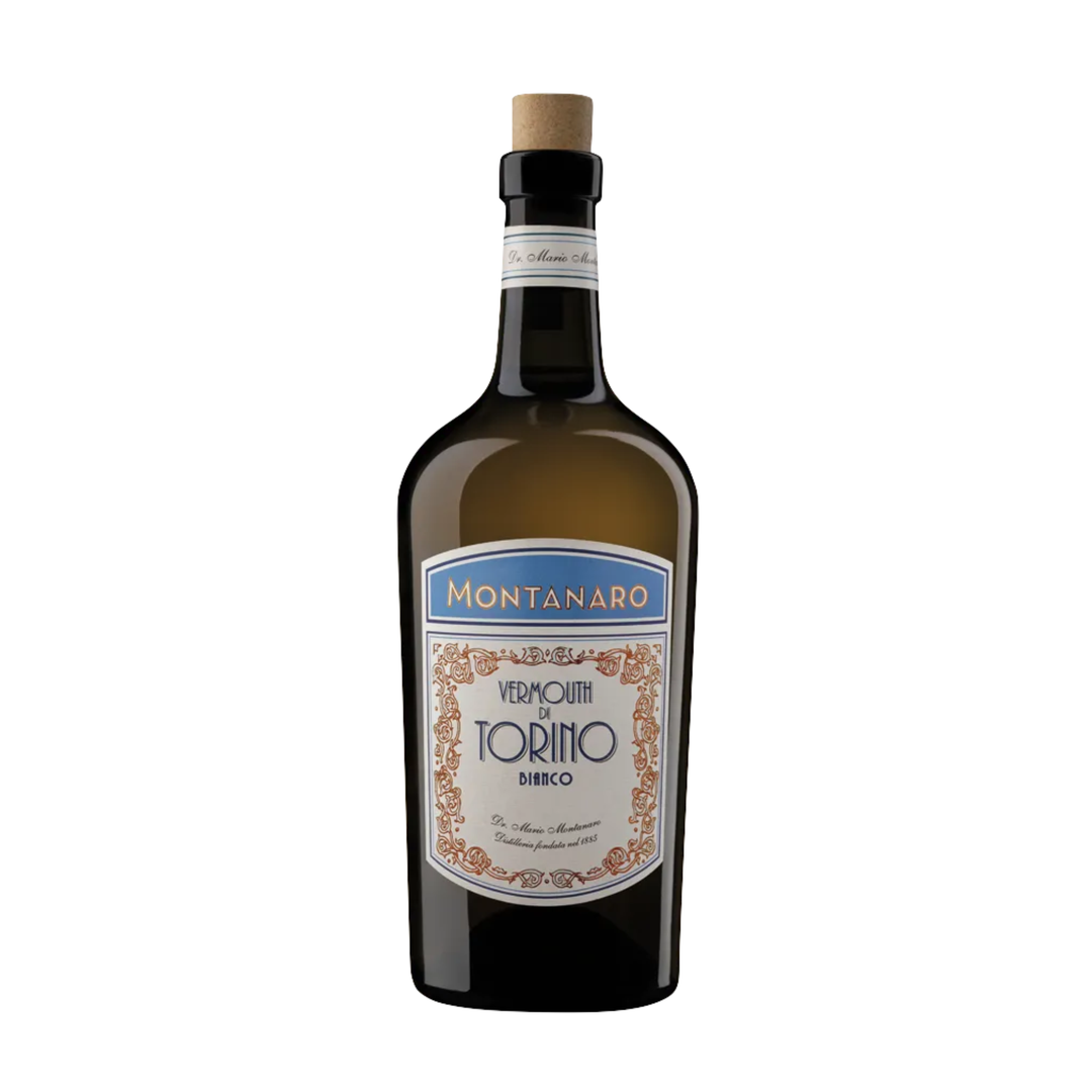 Bottle of Montanaro Vermouth Torino Bitter on a white background