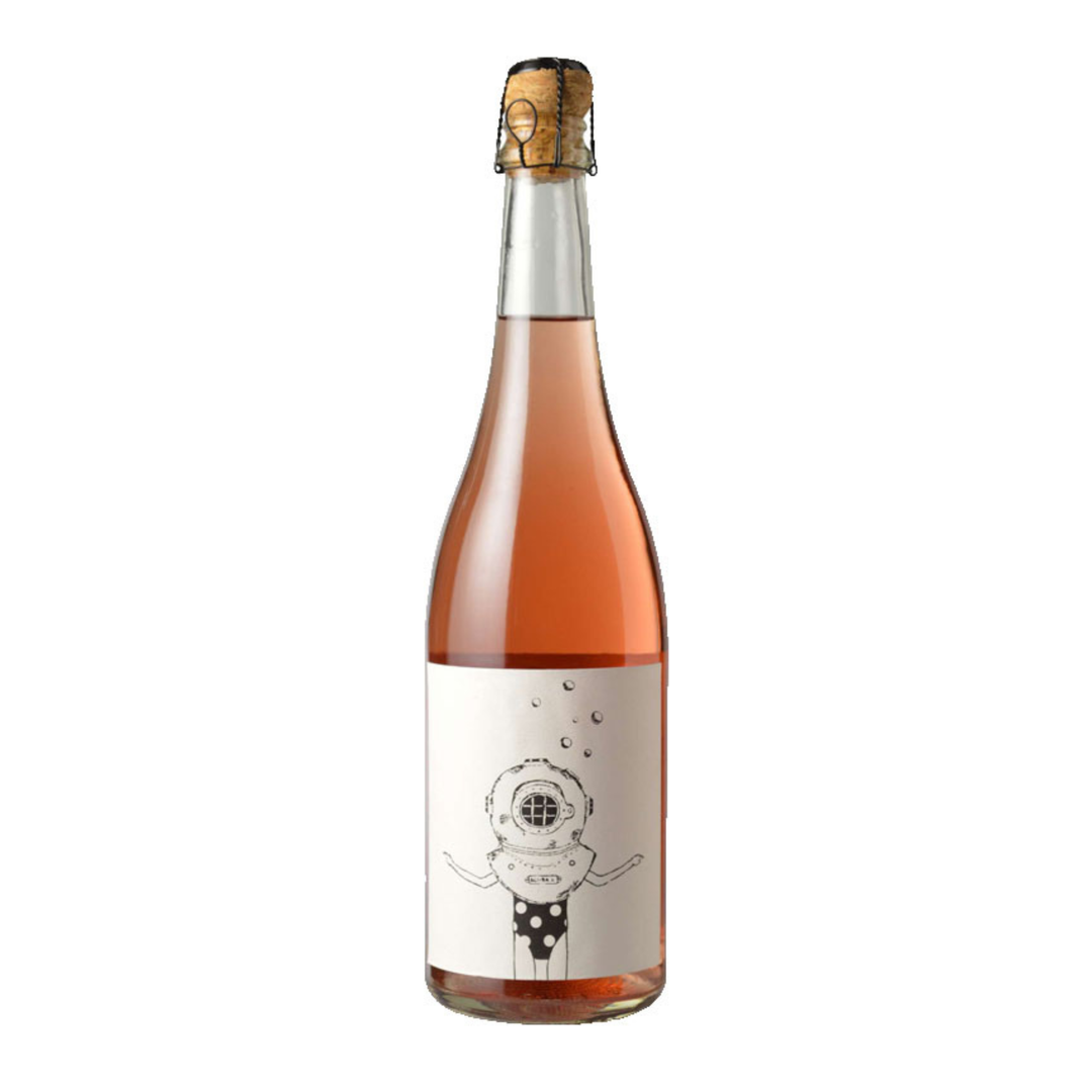 Bottle of rose wine with a white label on a white background