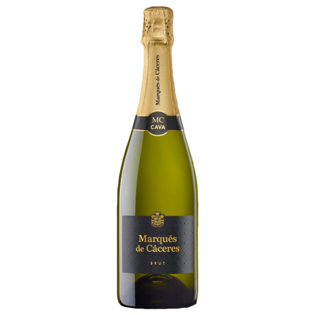Bottle of Marques de Caceres sparkling wine on a white background