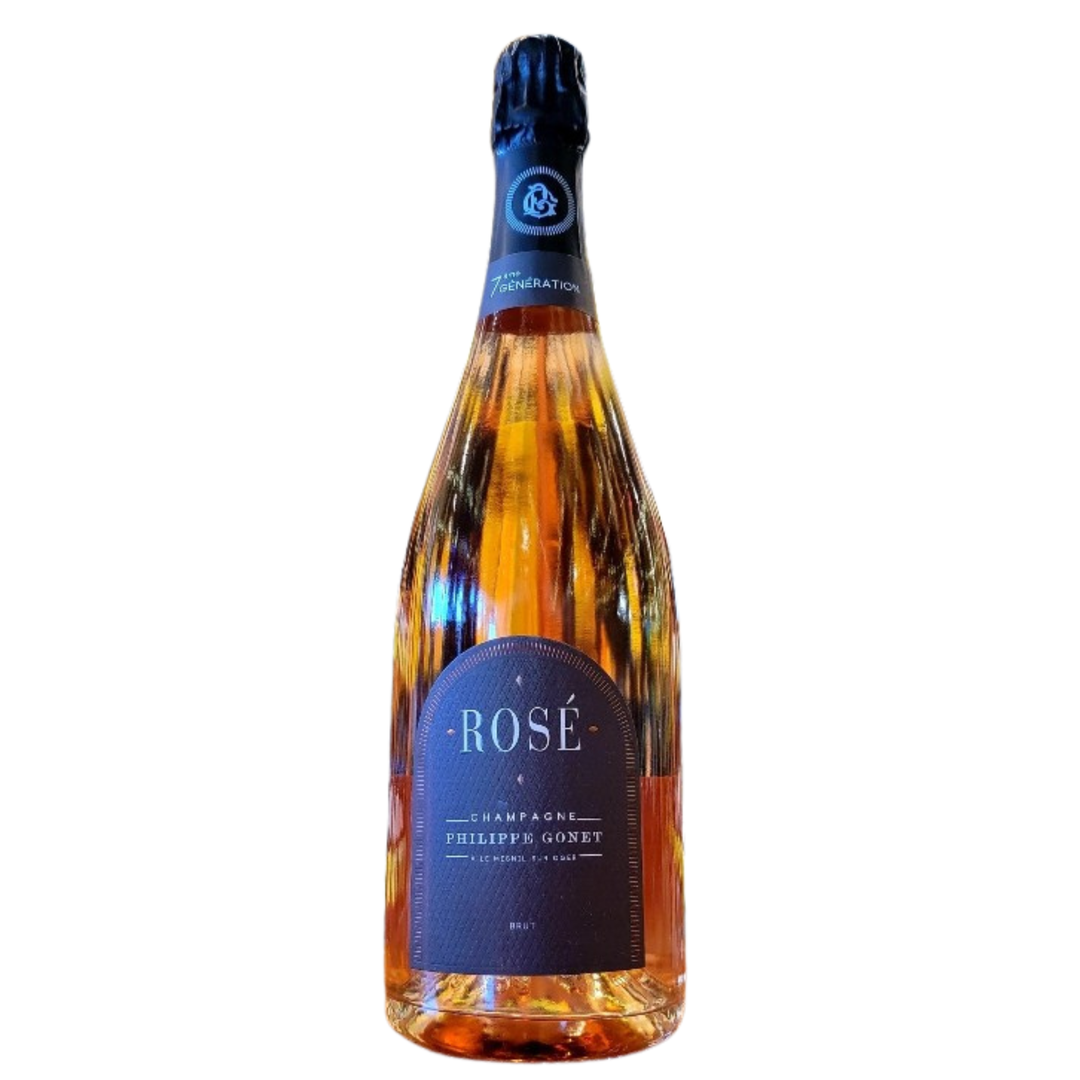 Bottle of champagne with a blue label on a white background