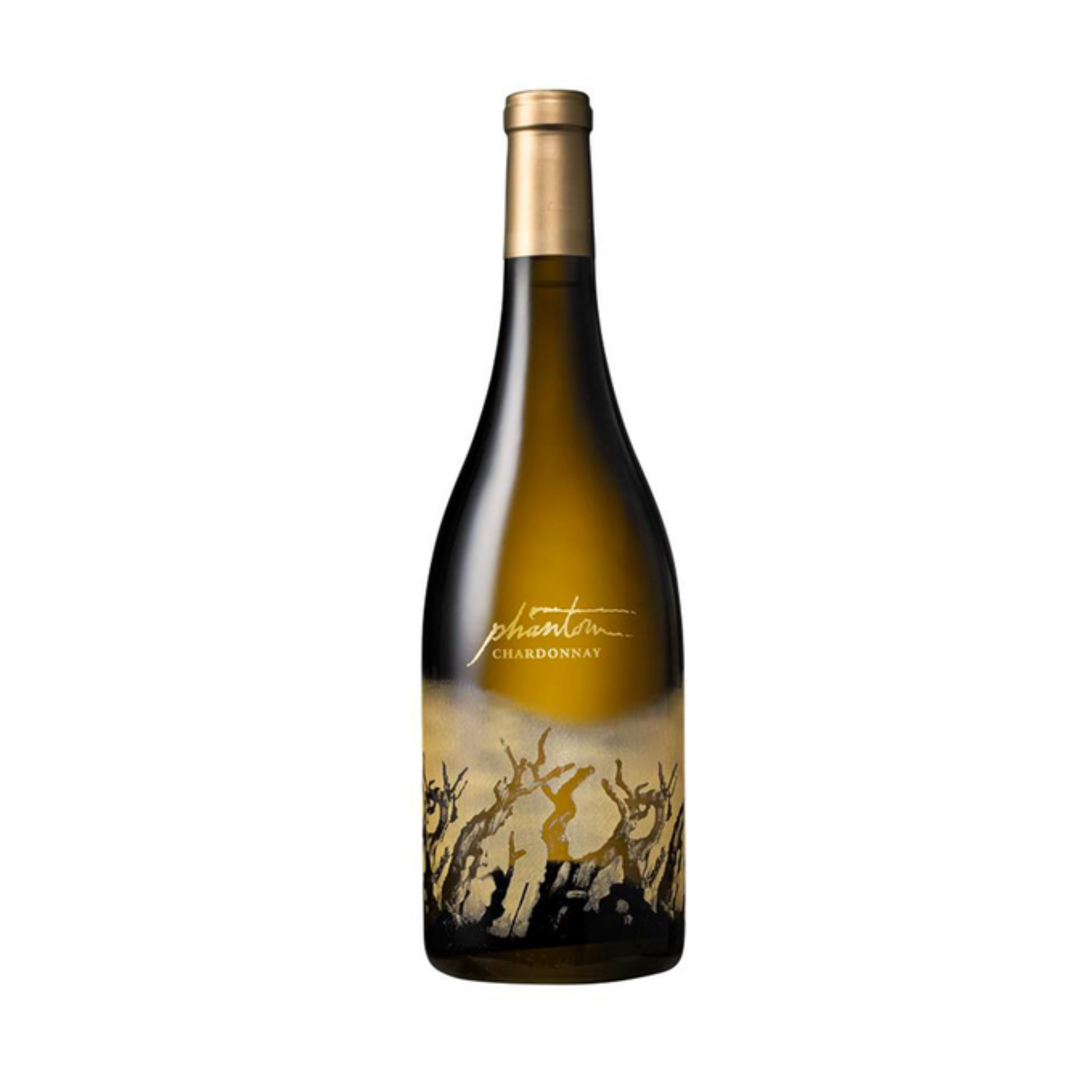 Wine bottle with a label featuring silhouettes on a white background