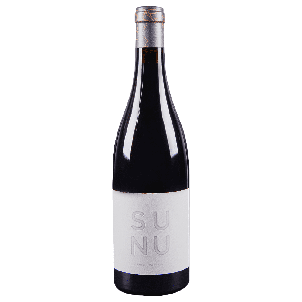 Wine bottle with 'SUNU' label on a white background