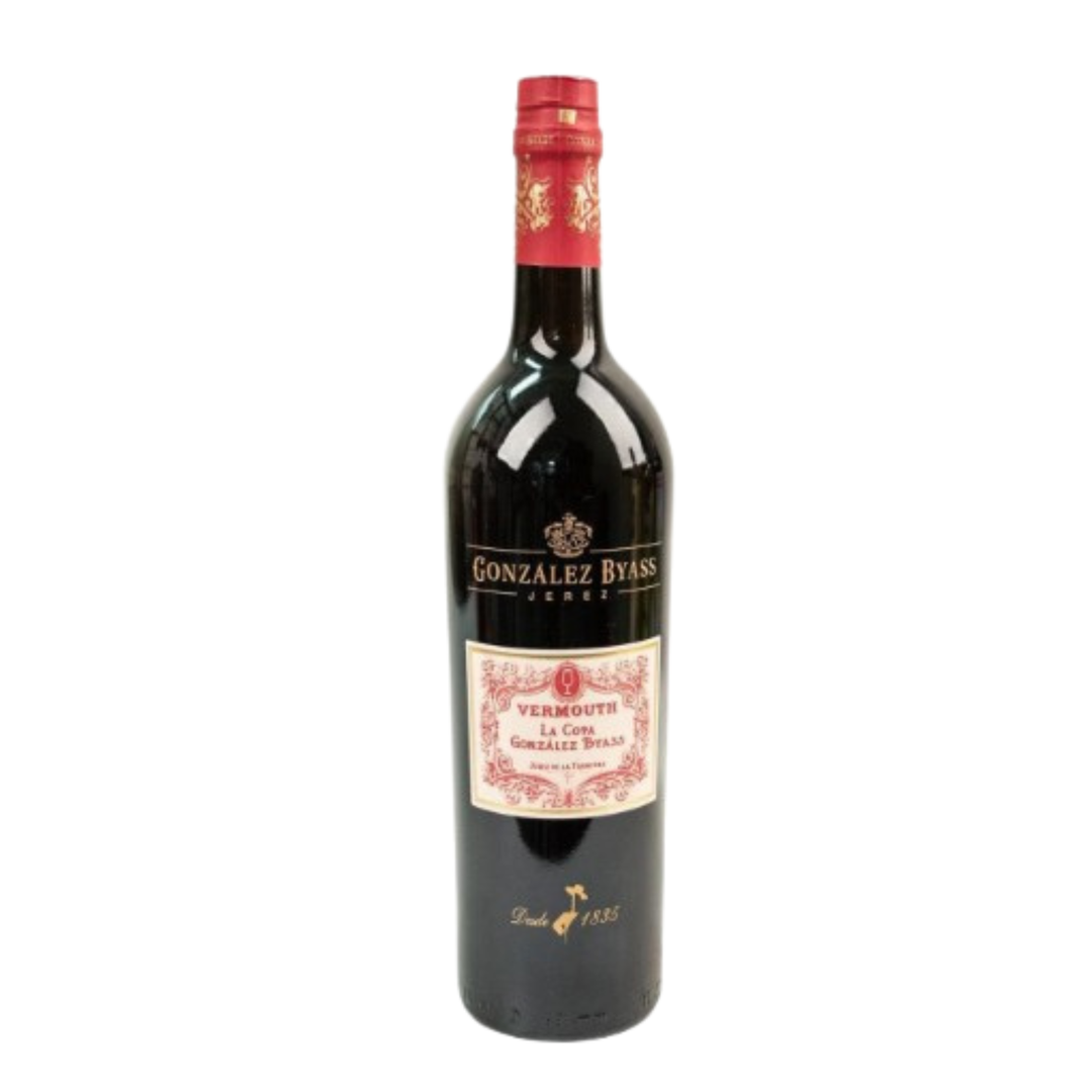 Bottle of Gonzalez Byass Vermouth on a white background
