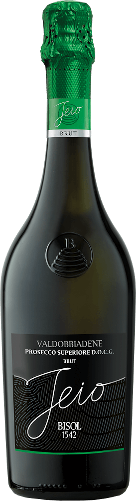 Bottle of Jeio Prosecco Superiore with green cap and label