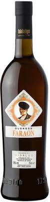 Bottle of Faraón oloroso sherry with a decorative label